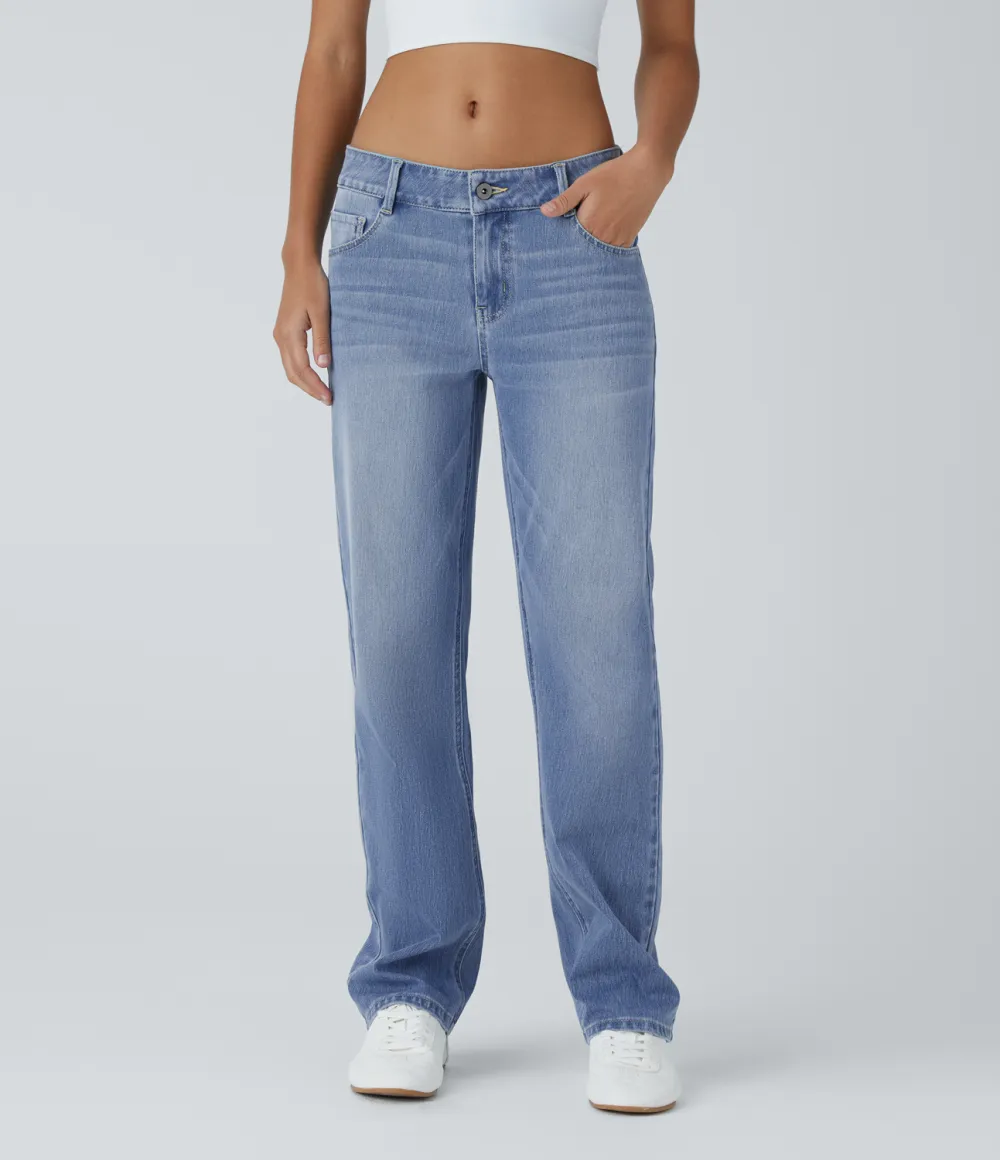 Magic Low Rise Button Zipper Multiple Pockets Straight Leg Washed Stretchy Knit Casual Jeans