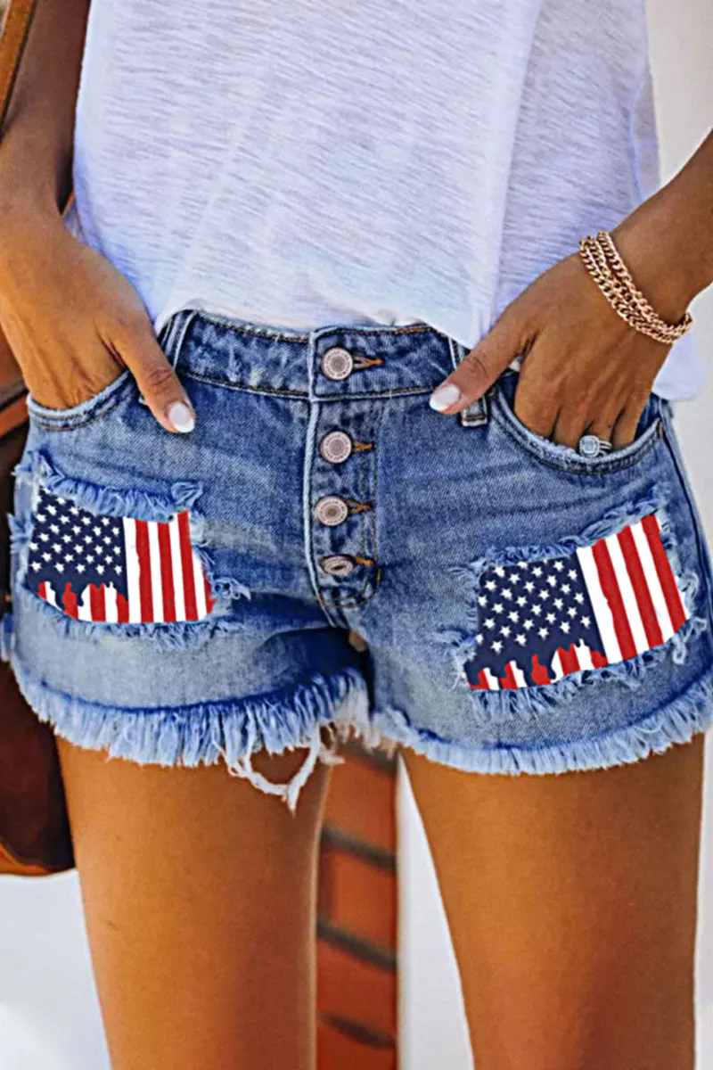 American Flag Pattern Button Fly Raw Hem Denim Shorts