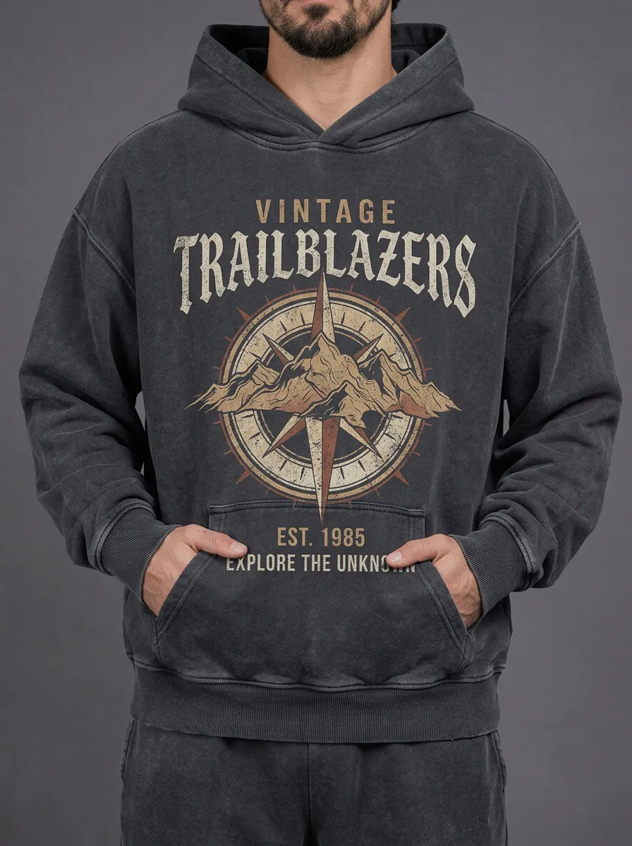 Men's Vintage Trailblazers Mountain Compass Printed Hoodie
