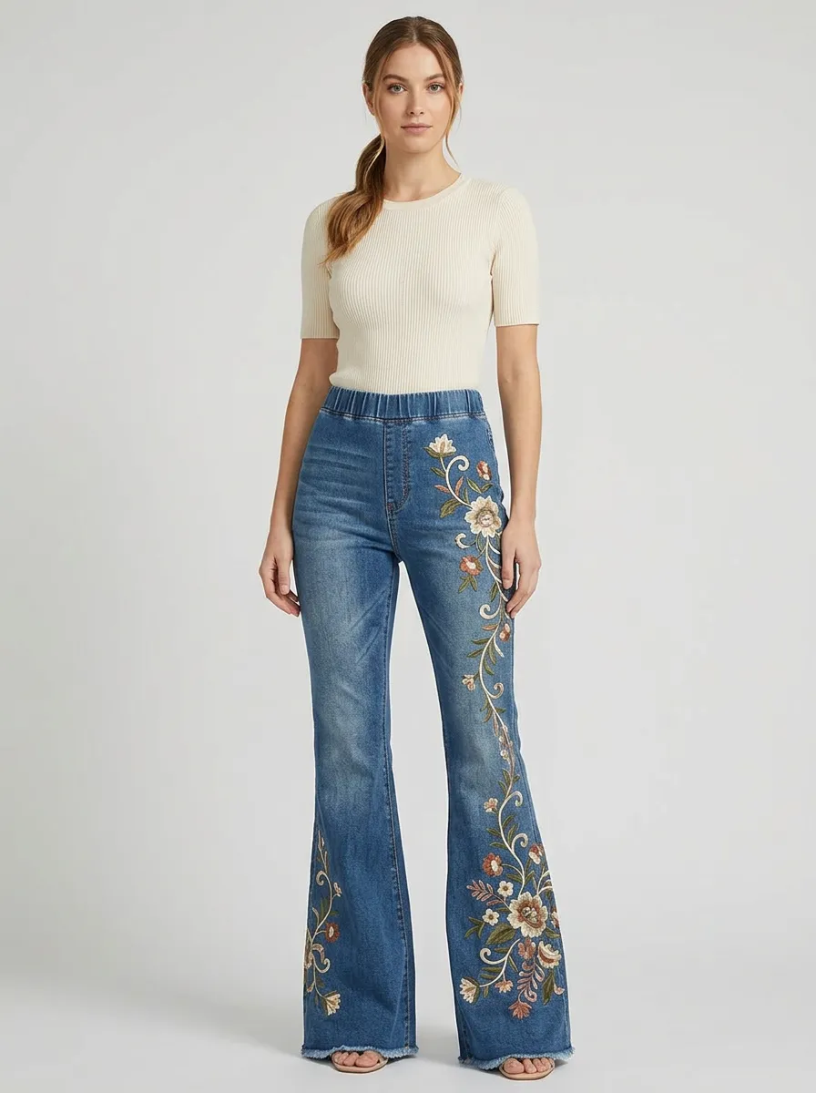 Women's Medium Wash Floral Embroidery Pull-On Flare Jeans