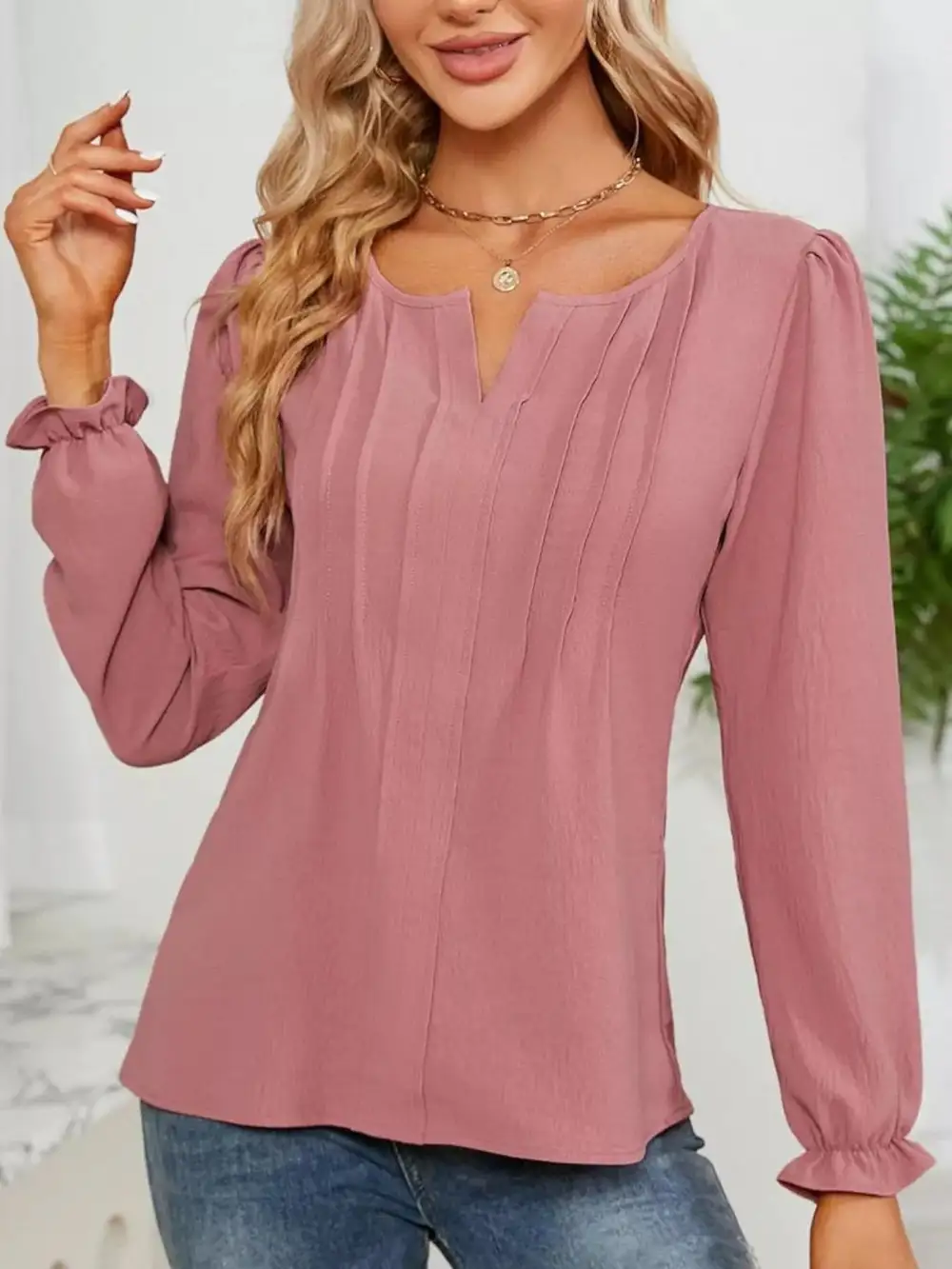 Notched-Neck Ruffle-Cuff Blouse