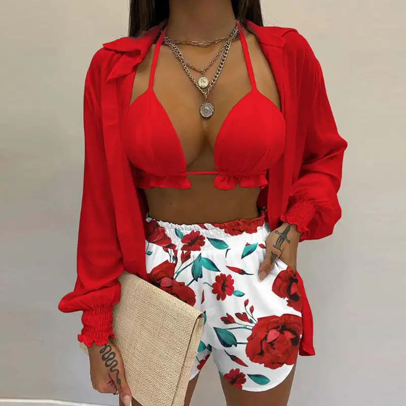 Long Sleeve Shirt Triangle Shorts Swim Bottoms