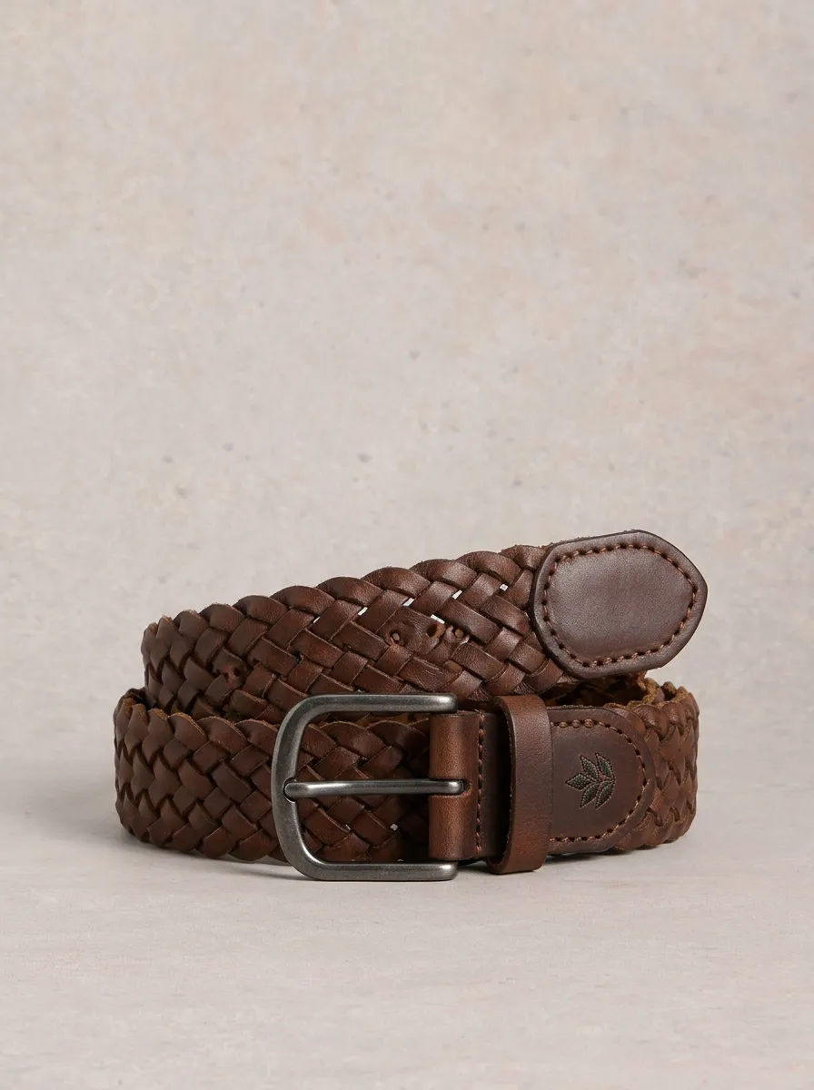 Men's Brown Woven Leather Embossed Leaf Pattern Belt
