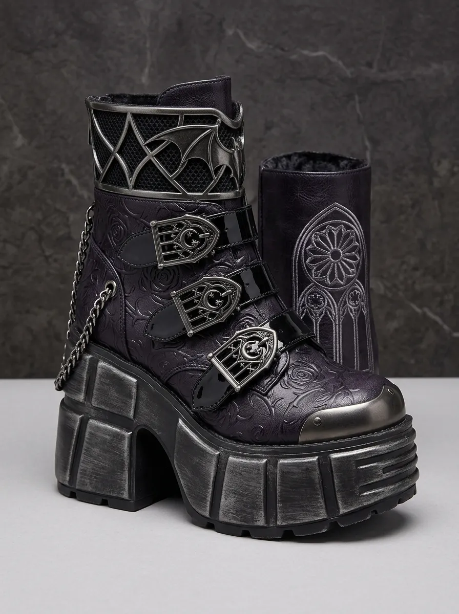 Dramatic Bat Rose Buckle Darkwear Style Women's Gothic Platform Boots