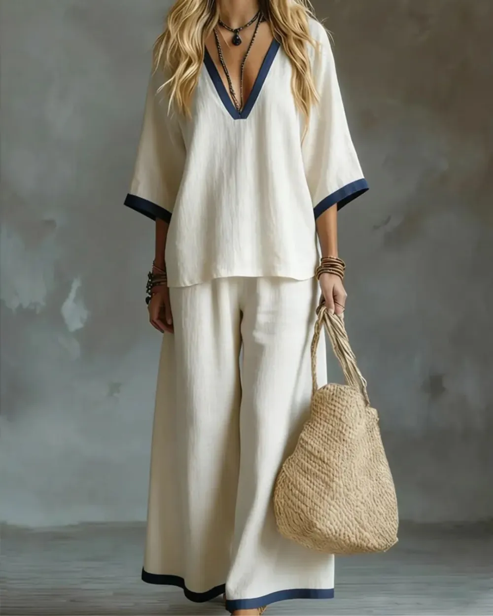 Deep V-Neck Contrast-Trim Two-Piece Set