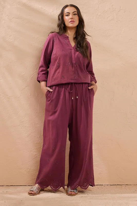 Burgundy Red Broderie Hem Linen Trousers detail 1