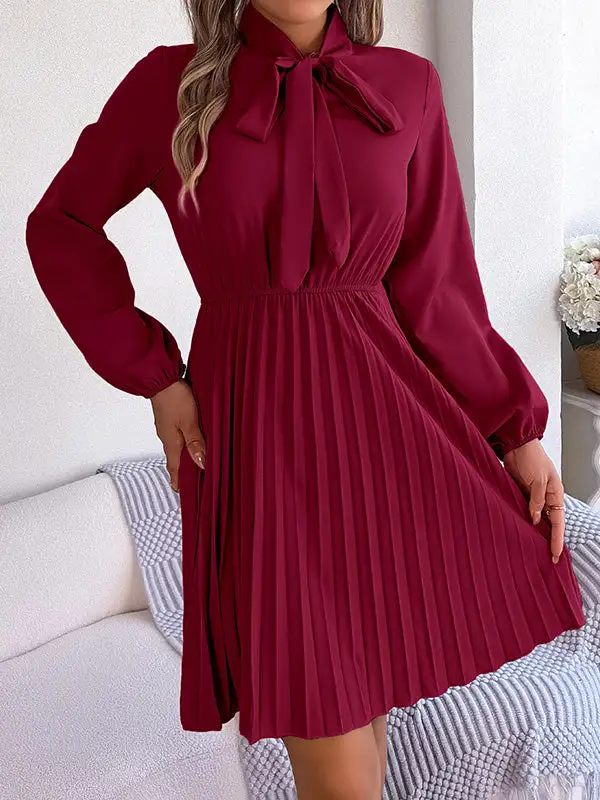Long Sleeve Relaxed Pleated Solid Color Tied Mock Neck Mini Dress