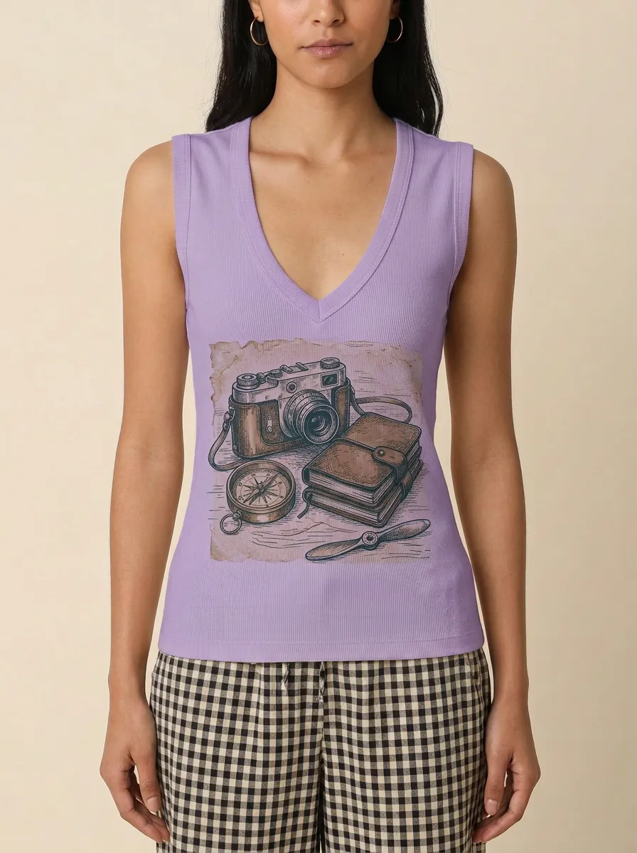 Women's Travel Enthusiast Vintage Camera Compass Printed Tank Top