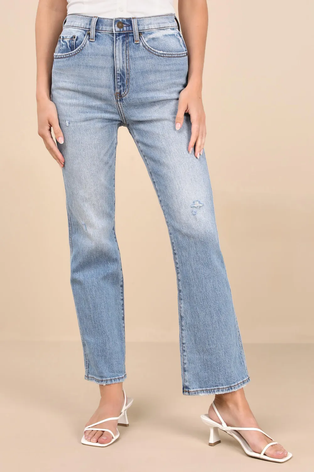 Casual Style Faded Distressed High-Rise Flare Jeans