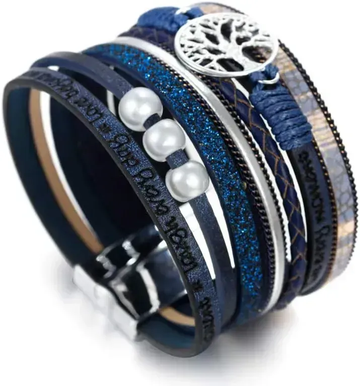 Fesciory Leather Wrap Bracelets for Women, Boho Leopard Multi-Layer Crystal Beads Cuff Bracelet Jewelry