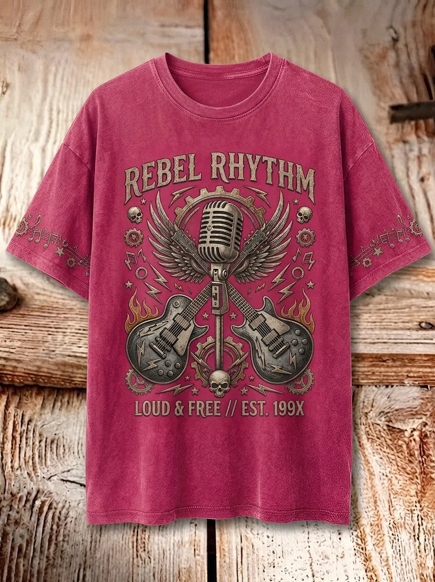 Unisex Rock Music Lover Rebel Rhythm Guitar Microphone Printed T-shirt