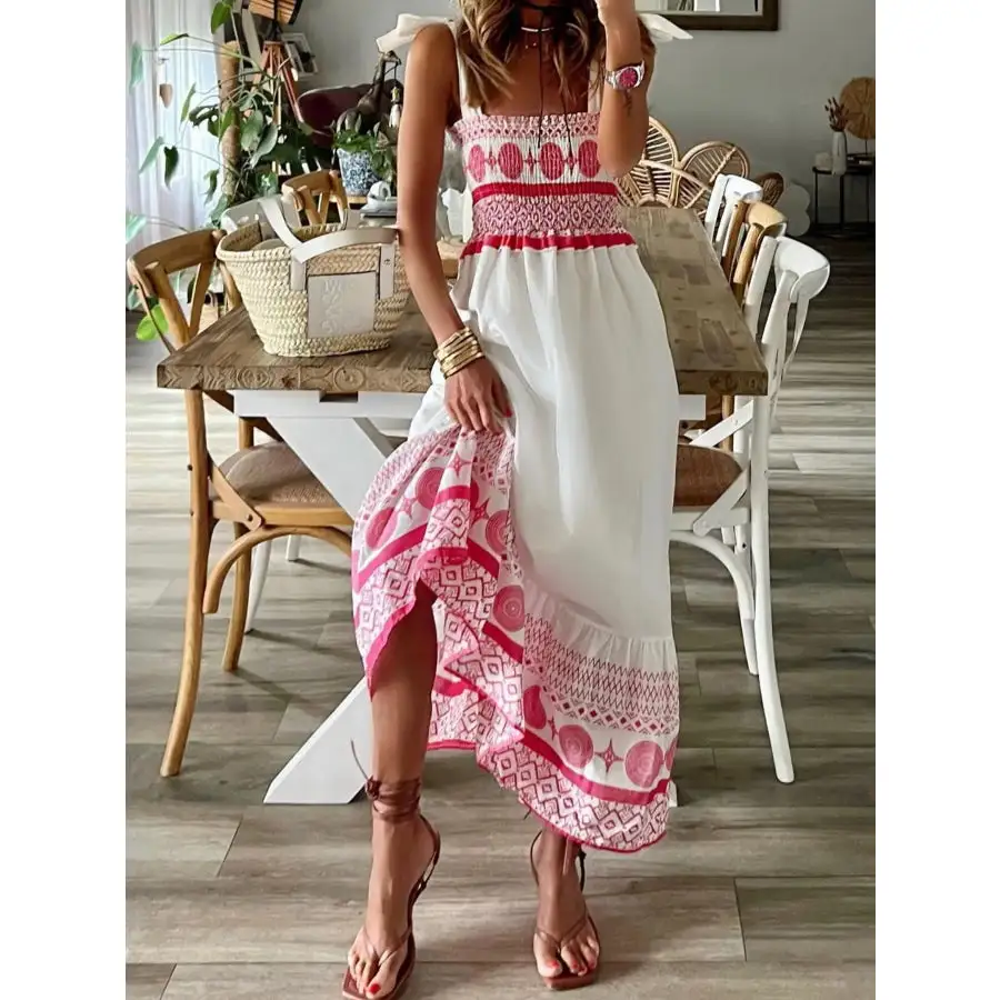 Smocked Printed Tie Shoulder Maxi Dress