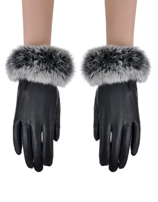 Fluffy Fur Trim Faux Leather Gloves
