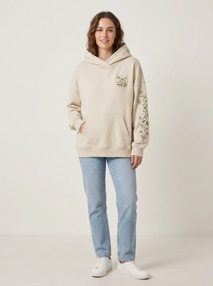 Relaxed Daily Women's Botanical Wildflower Embroidered Graphic Nature Inspired Hoodie