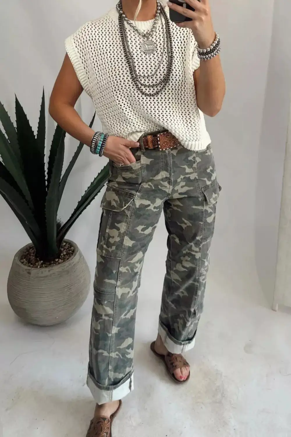 Camouflage Print Multi Pocketed Denim Pants