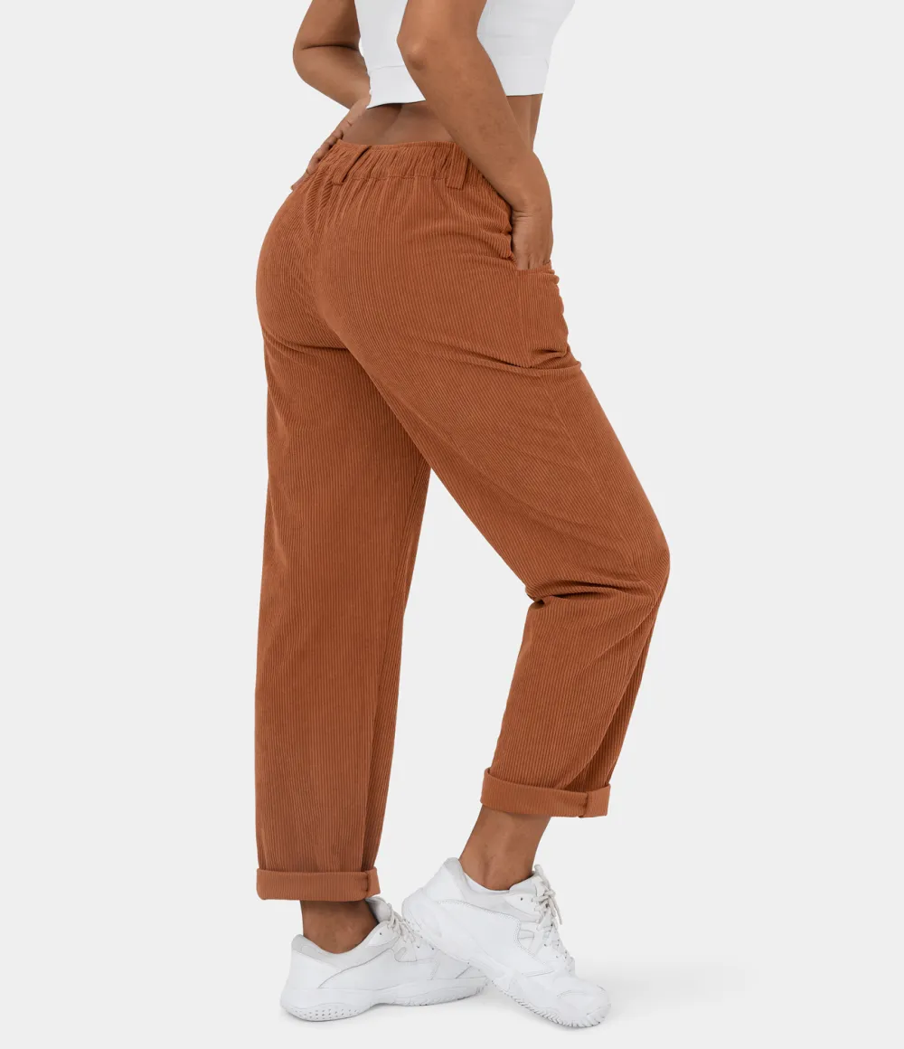 Mid Rise Button Zipper Side Pocket Corduroy Casual Pants