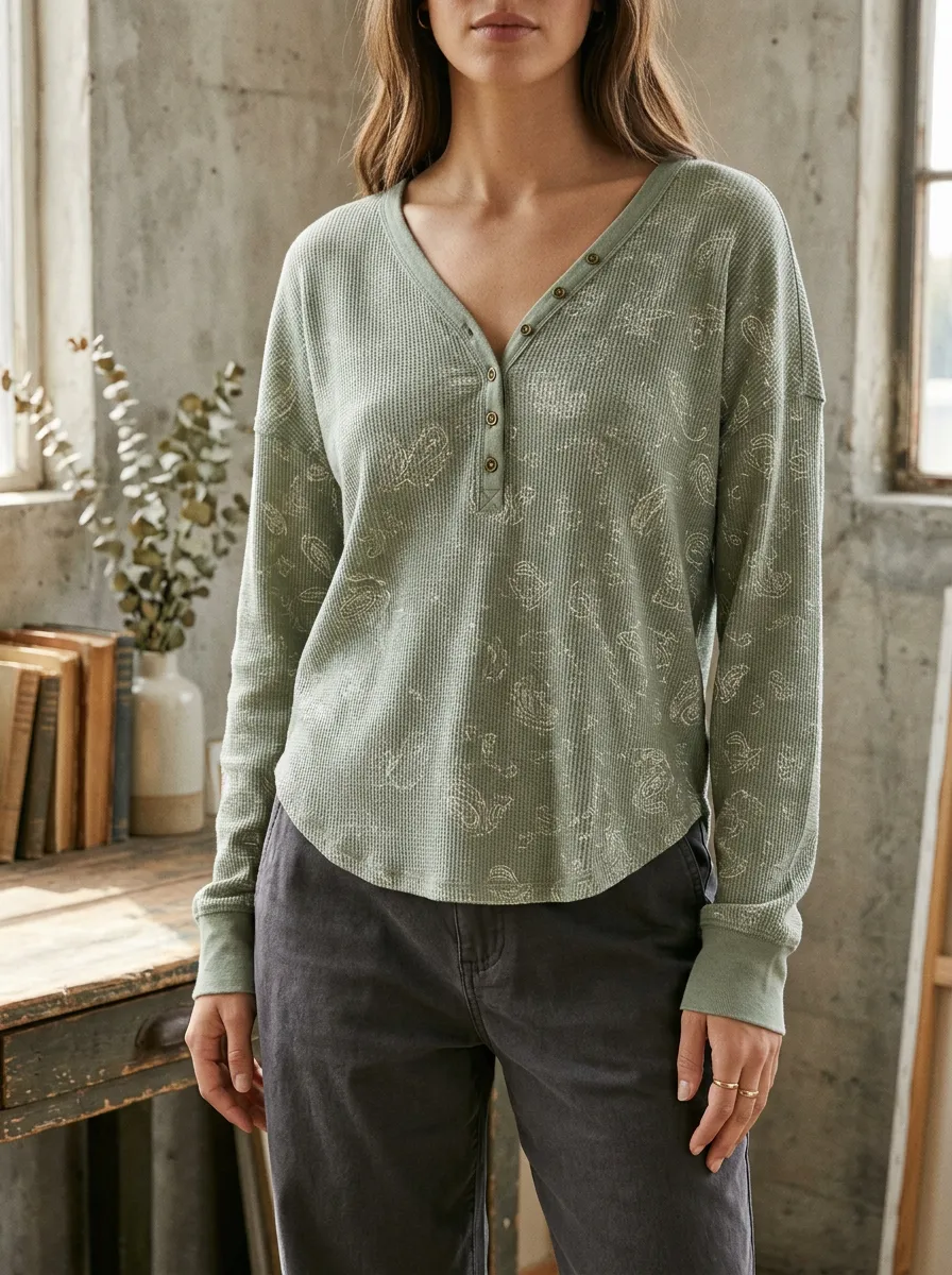 Women's Sage Green Paisley Waffle Knit Printed Henley Top