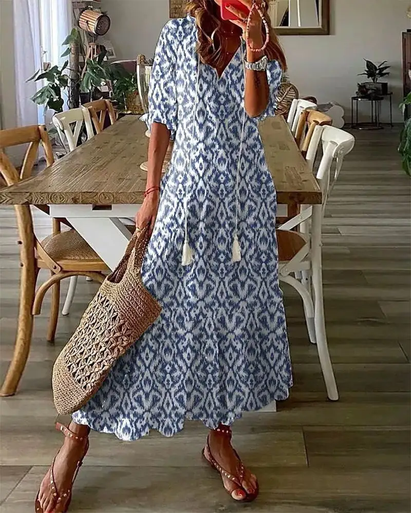  Boho Ikat Print Maxi Dress