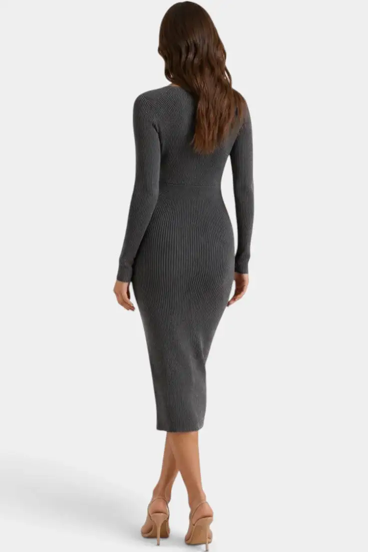 Ribbed-Knit V-Neck Midi Dress