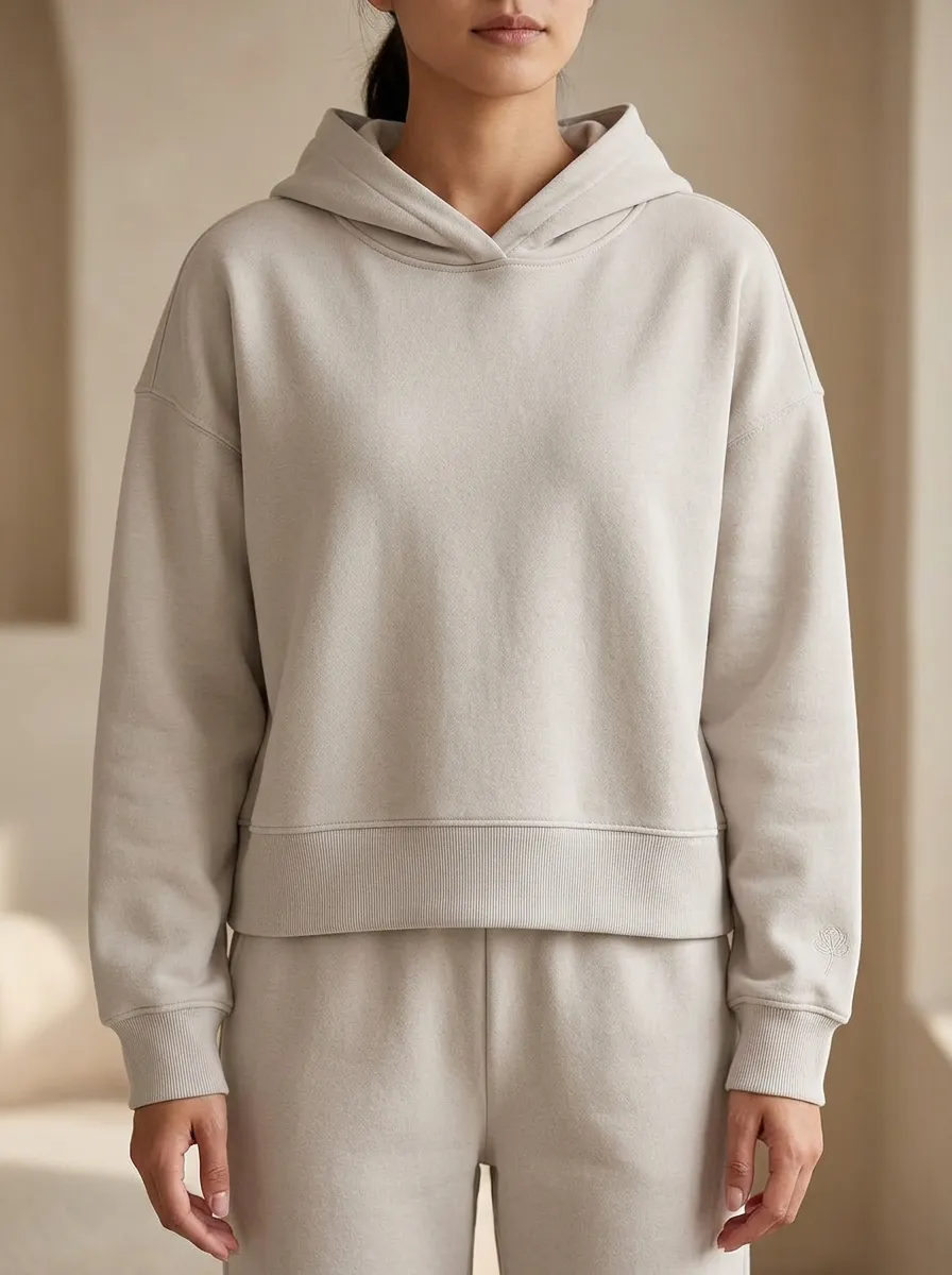 Women's Minimalist Solid Beige Embroidered Logo Hoodie