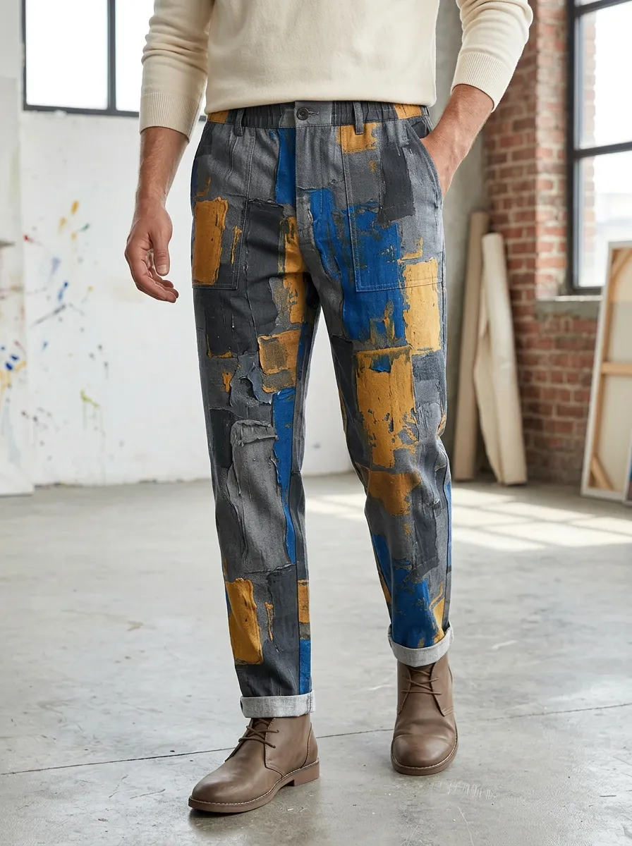 Men's Abstract Art Style Blue and Yellow Patchwork Printed Pants