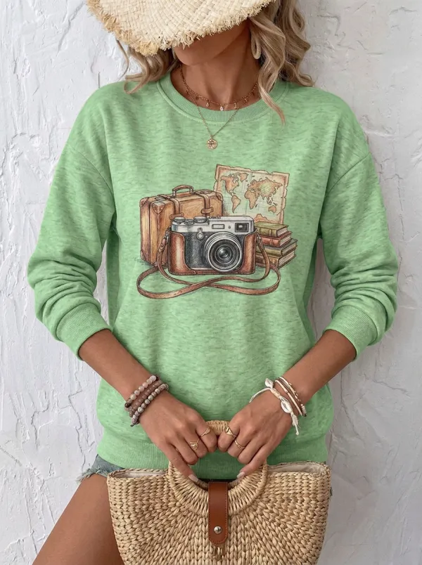 Women's Travel-Inspired Camera Map Suitcase Printed Sweatshirt