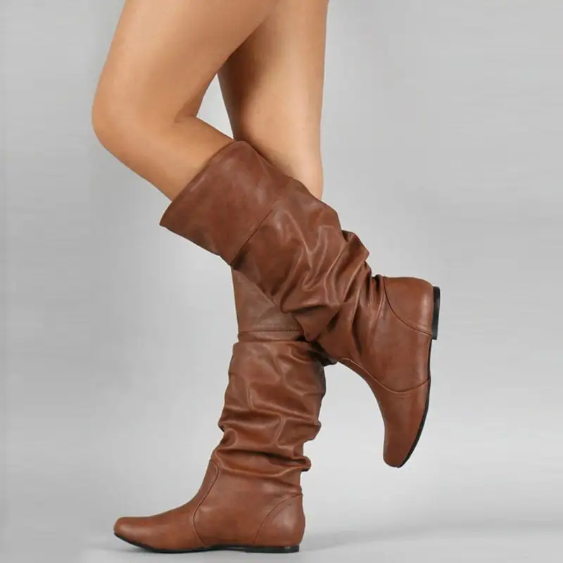 Mid-Calf Slouch Boots Flat Vintage Wide Calf Boots