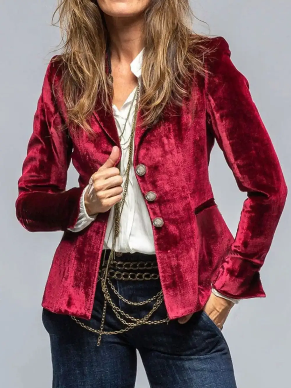 Stretch Velvet Lapel Button Blazer