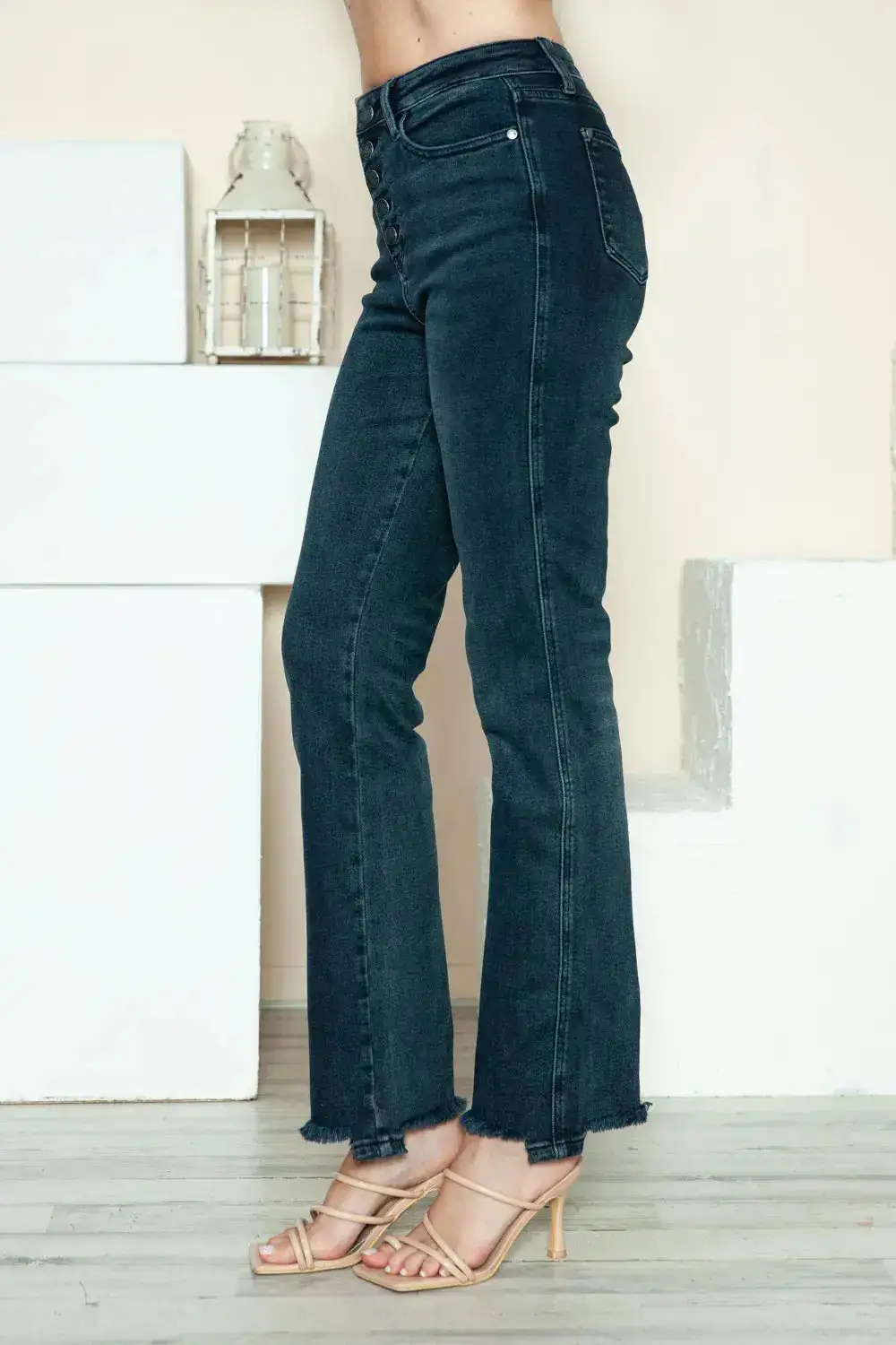 Stretch Distressed Straight-Leg Denim Jeans