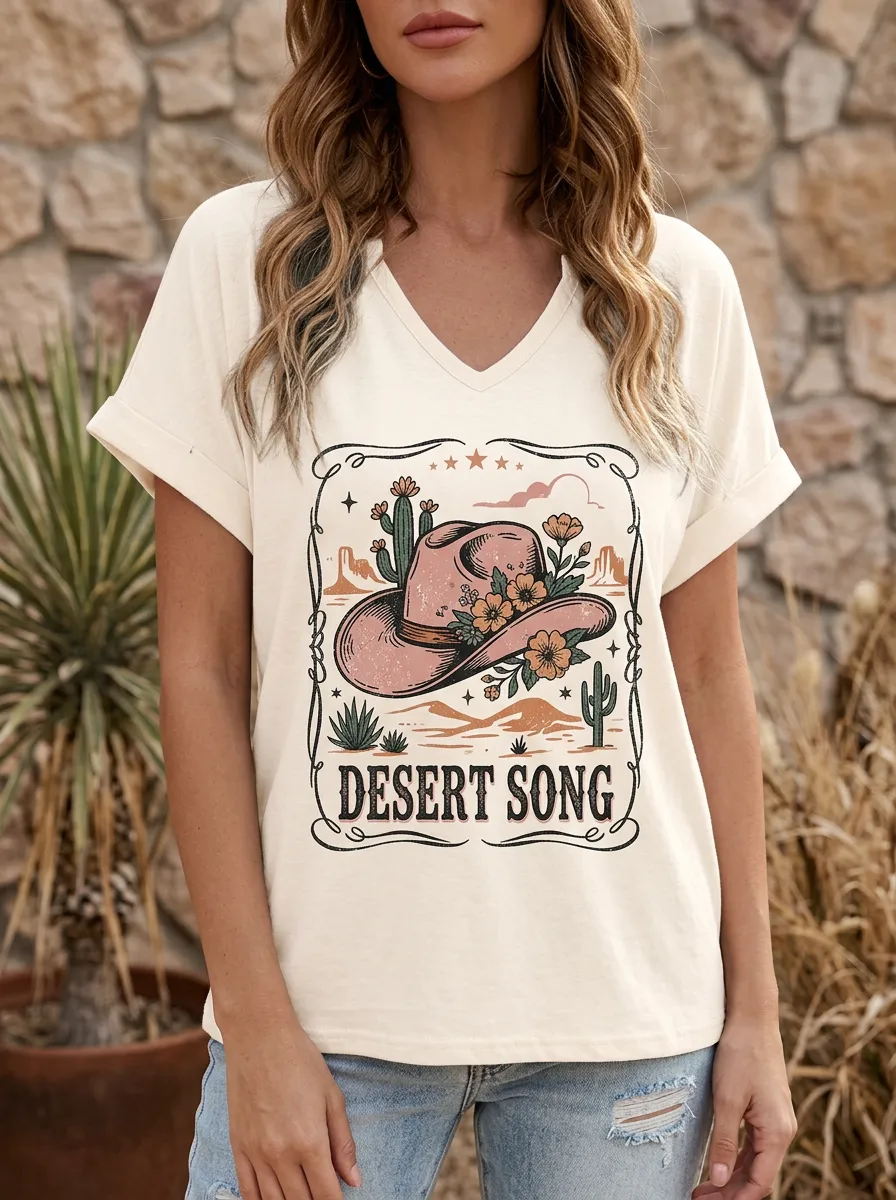 Cowboy-Hat Cactus Floral Women's V-Neck T-Shirt