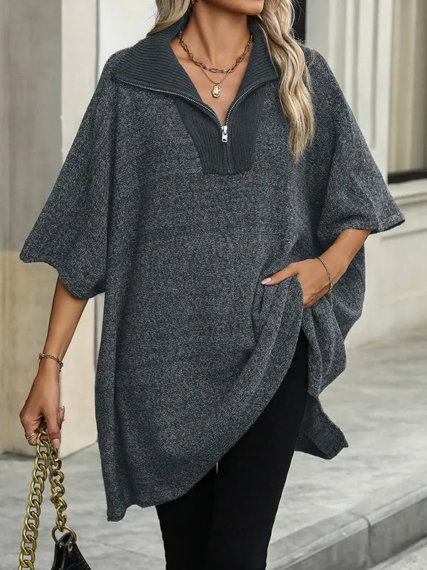 Paneled Zip Detail V-Neck Elbow Sleeve Relaxed Fit Sweater
