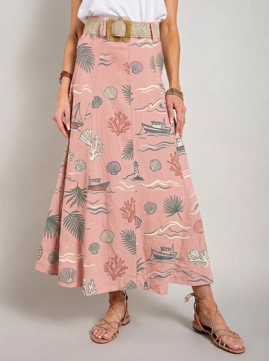 Women's Coastal Beach Lover Nautical Seashell Printed Midi Skirt