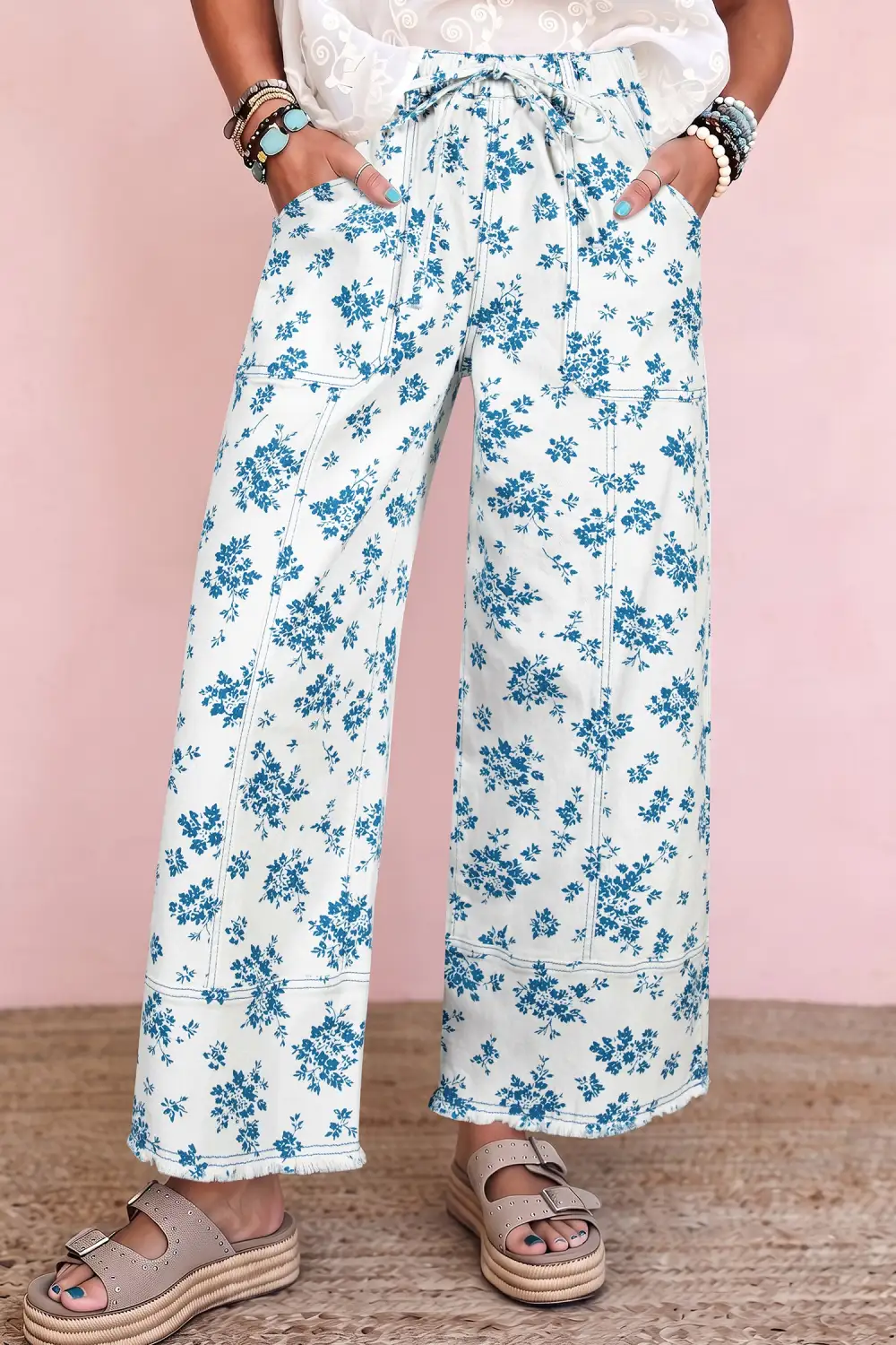 Women's Floral Print Tie Waist Straight Leg Jeans