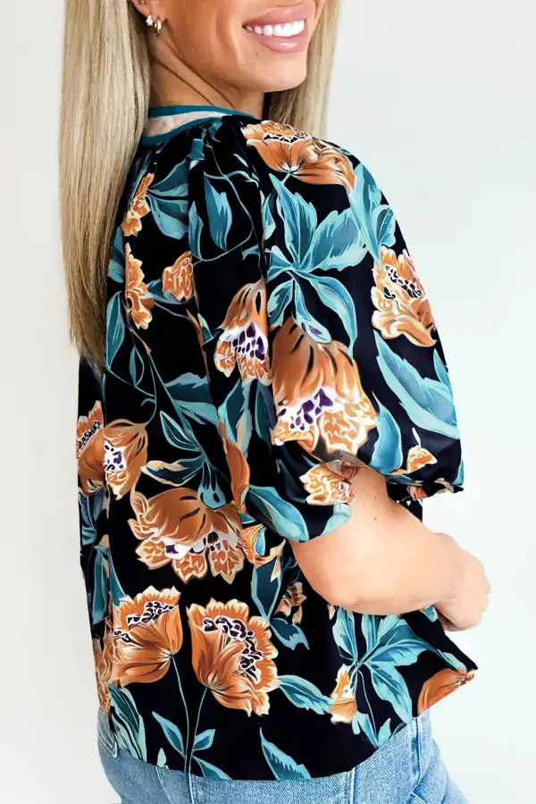 Women's Floral Print Notched Neck Puff Sleeve Top