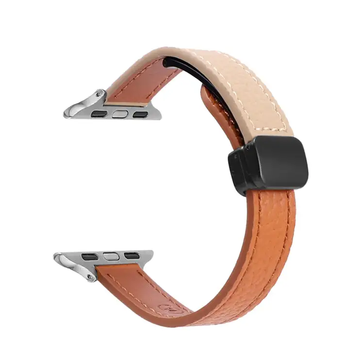 Slim Magnetic Buckle Genuine Leather Watch Band for Watch Series 6 40 mm - Litchi Orange Apricot