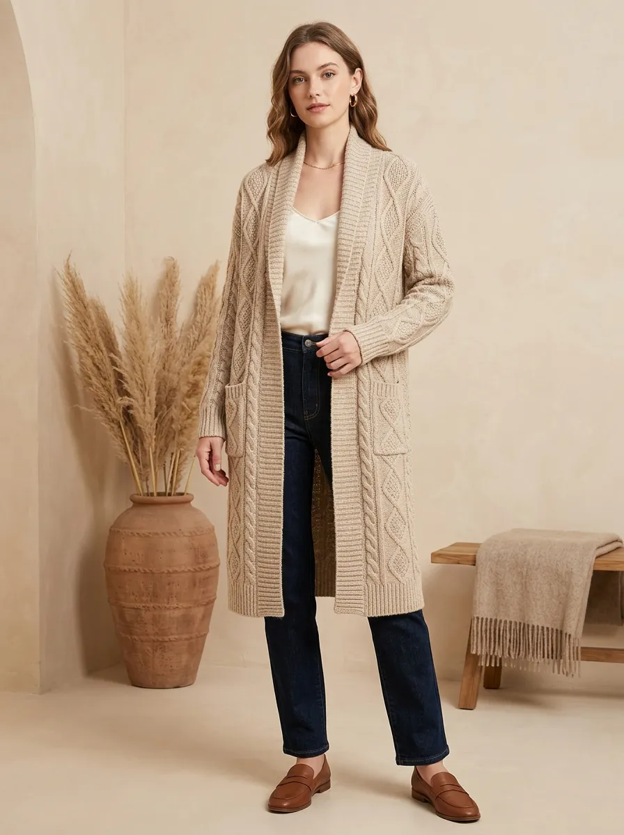 Women's Casual Beige Cable Knit Long Cardigan Sweater