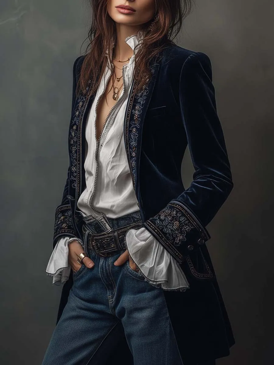Open-Front Lapel-Collar Velvet Vintage-Inspired Tailored Jacket