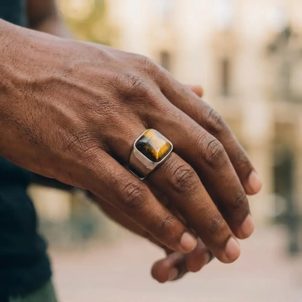 Men's Stainless Steel Square Tiger Eye Signet Ring