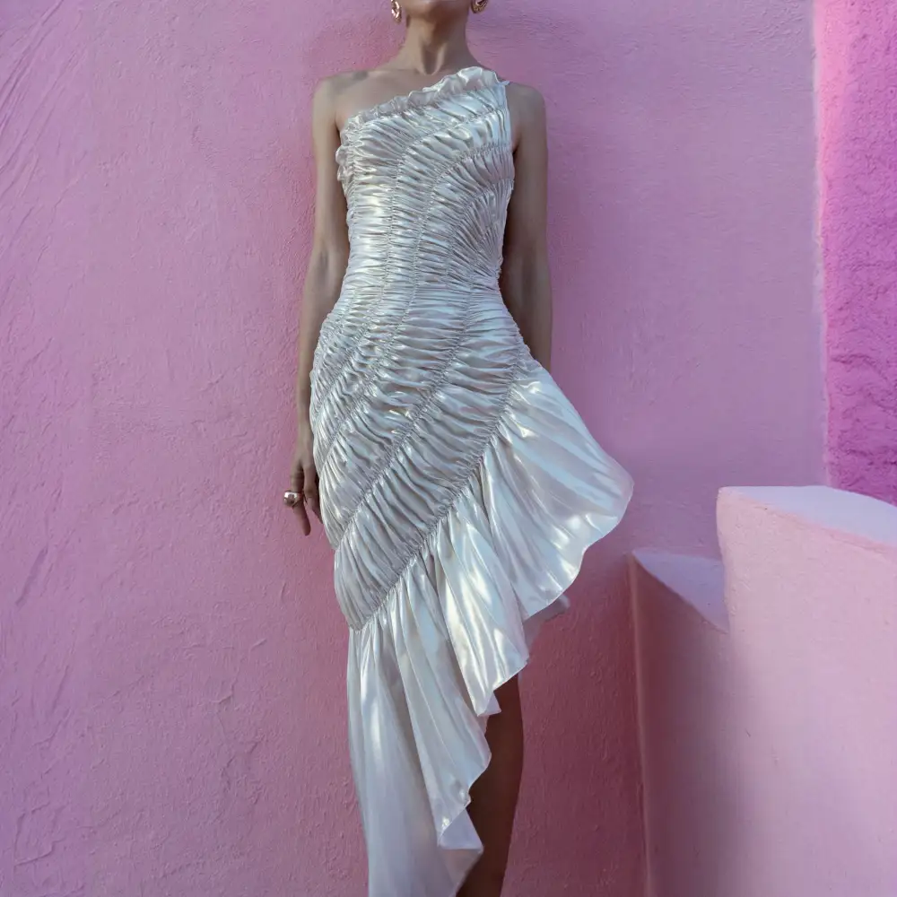Pleated Asymmetric Midi Dress