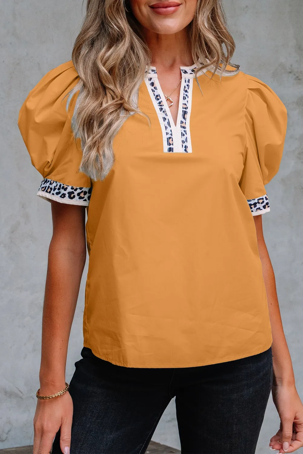 Leopard Print Puff Sleeve Split Neck Blouse
