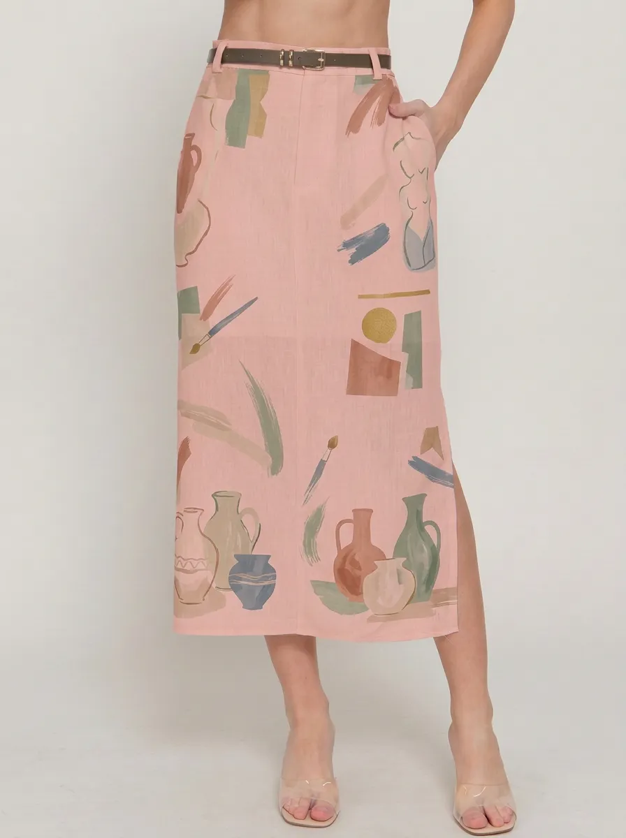 Women's Art Lover Pottery Vase Abstract Printed Midi Skirt