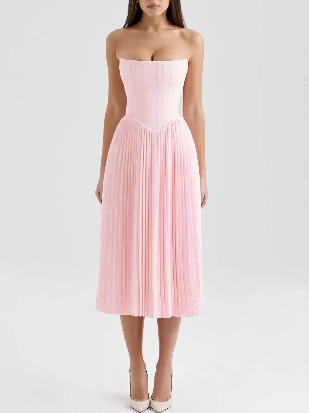 Elegant Strapless Pleated Midi Dress
