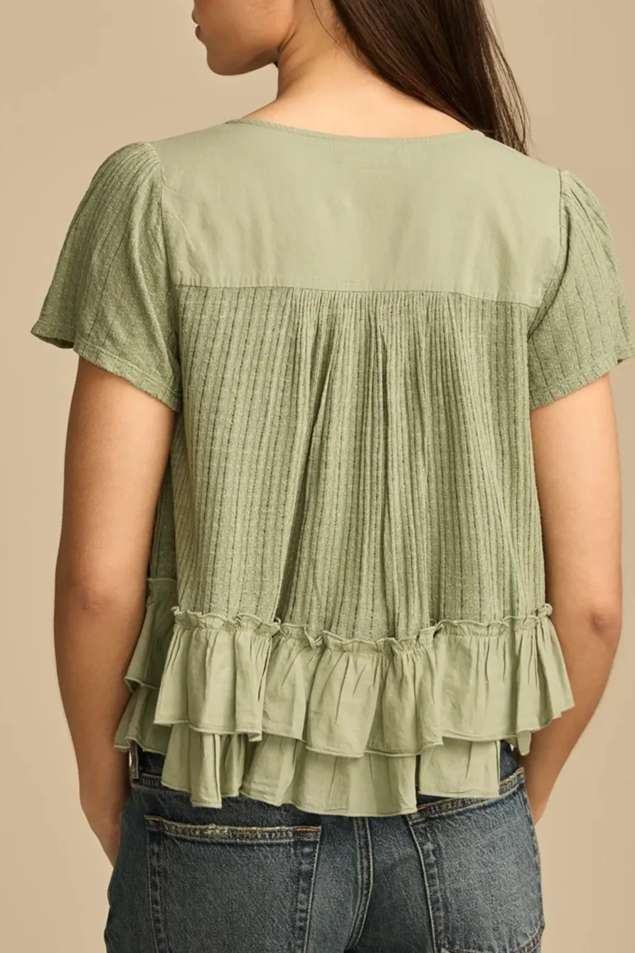 Scoop Neck Lily Pad Smocked Lace Tee