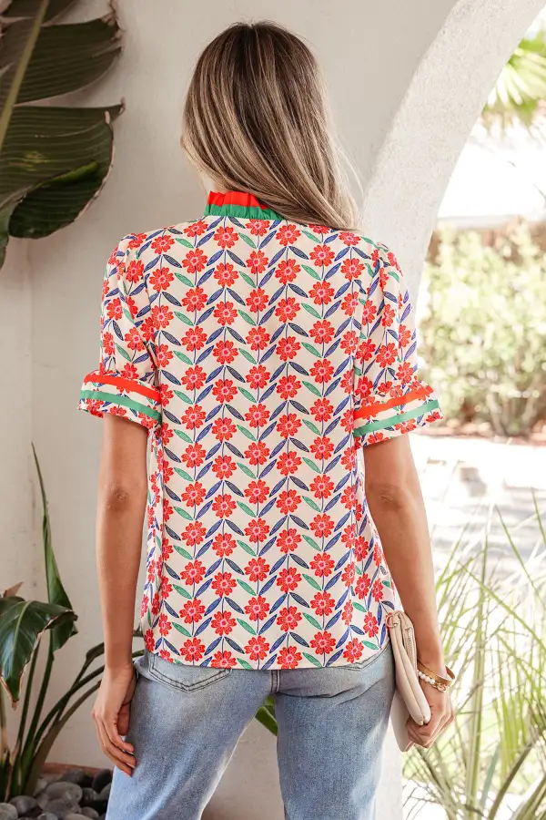 Women's Striped V Neck Ruffled Top