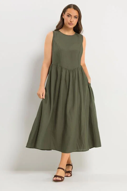 Khaki Green Sleeveless Linen Midi Dress detail 1