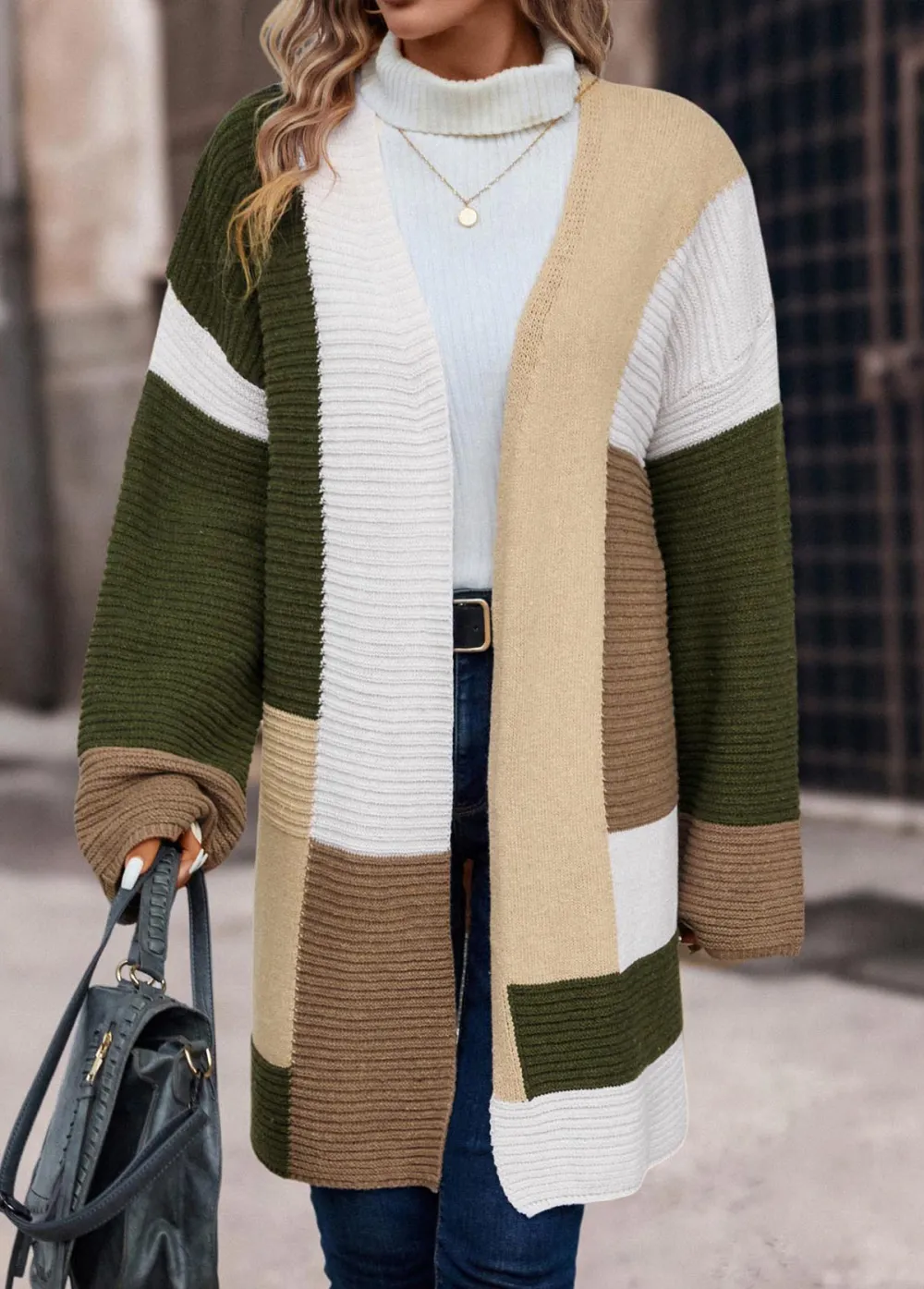 Multi Color Patchwork Long Sleeve V Neck Coat