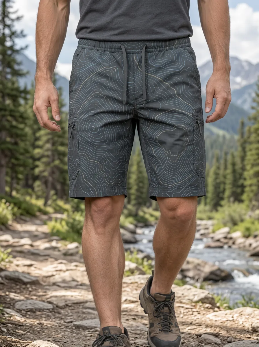 Men's Elastic Waist Hiking Outdoor Topographic Map Cargo Shorts