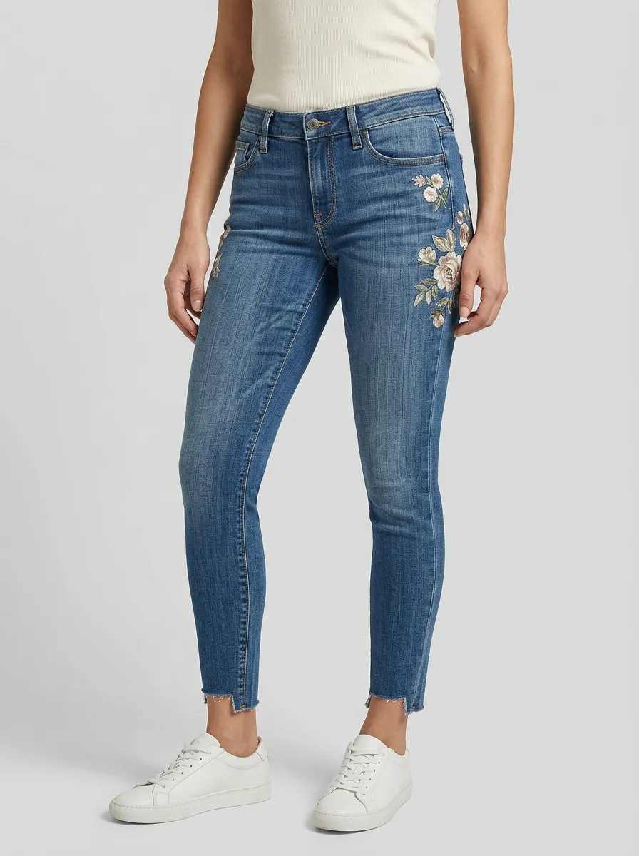 Women's Floral Rose Embroidered Printed Slim Jeans