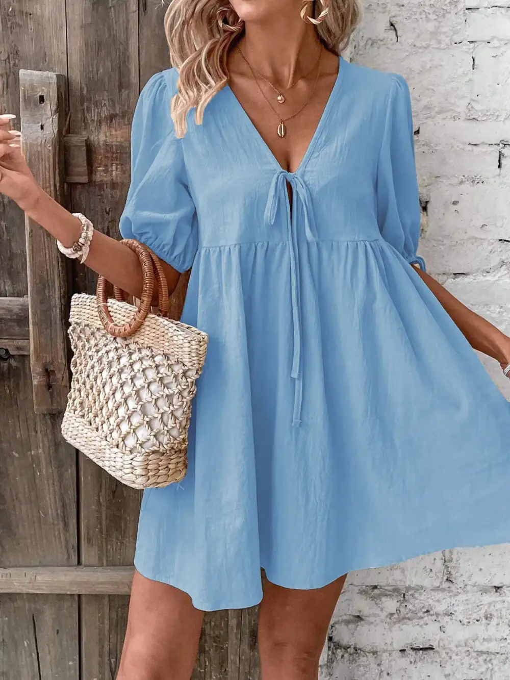 V Neck A Line Mini Dress
