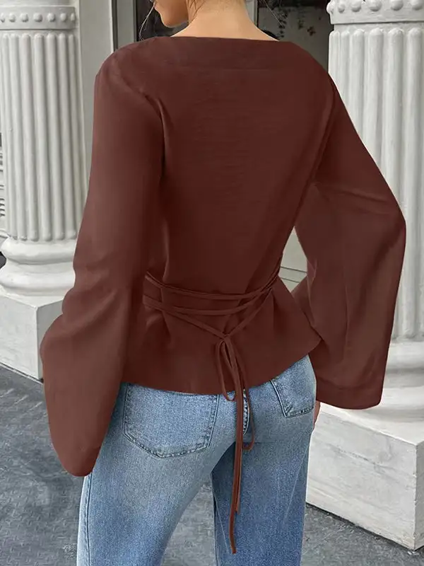 Elastic Waist Flared Sleeve Panel Detail Tie Waist Round Neck T-Shirt